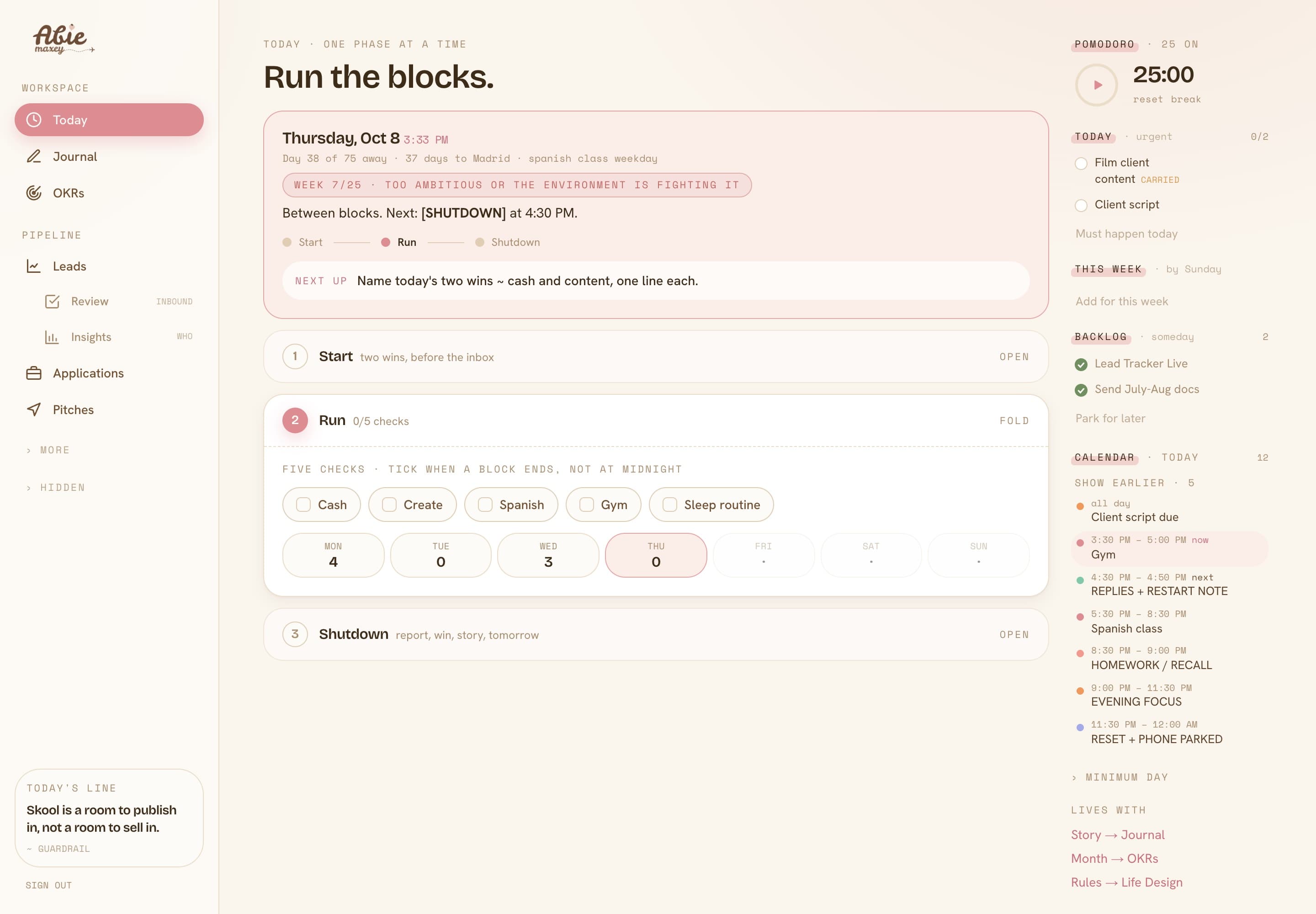 The Today page of my dashboard: the day's phases in the middle, tasks and today's Google Calendar in the right rail