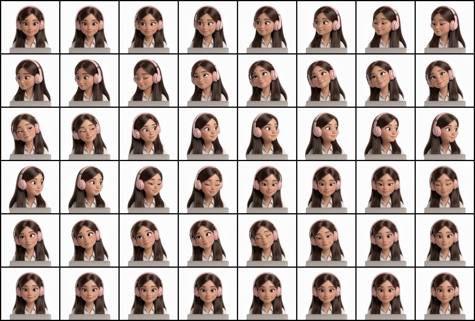 A 6 by 8 grid of frames from the clip, every fourth frame, showing her turning one way, looking up, turning the other way, blinking and returning to centre