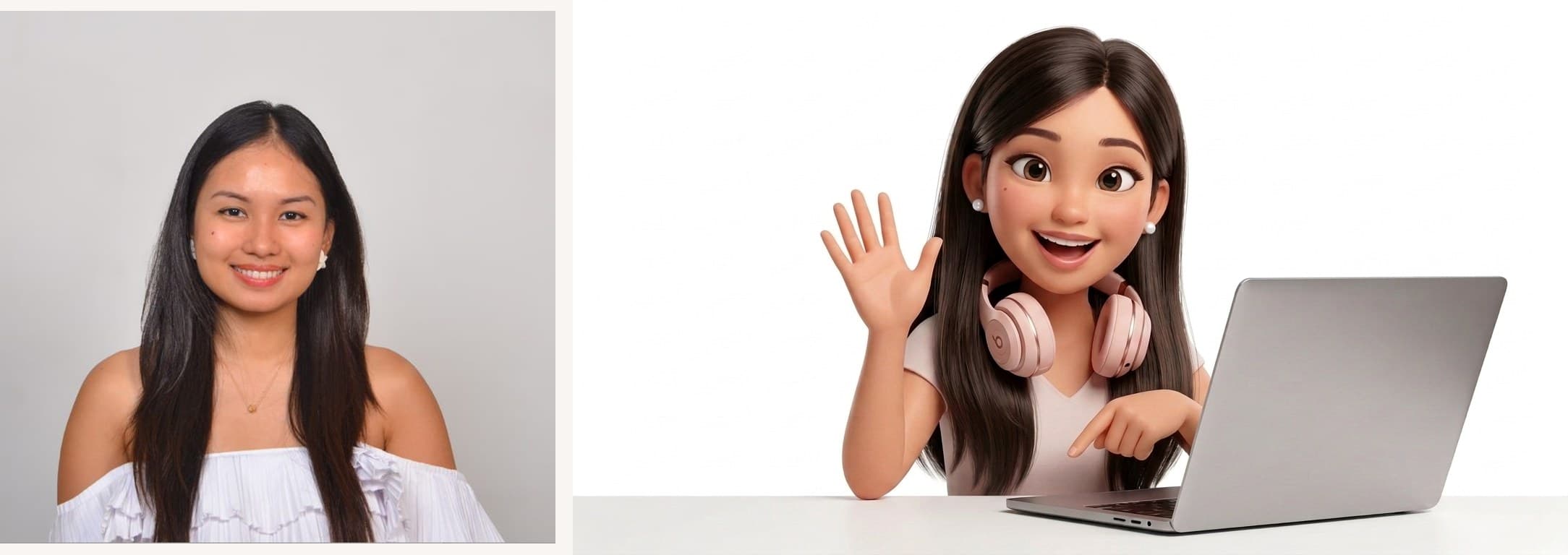 Left: a front-facing photo of Abie in a white top. Right: the first animated render, waving at a laptop with pink headphones around her neck