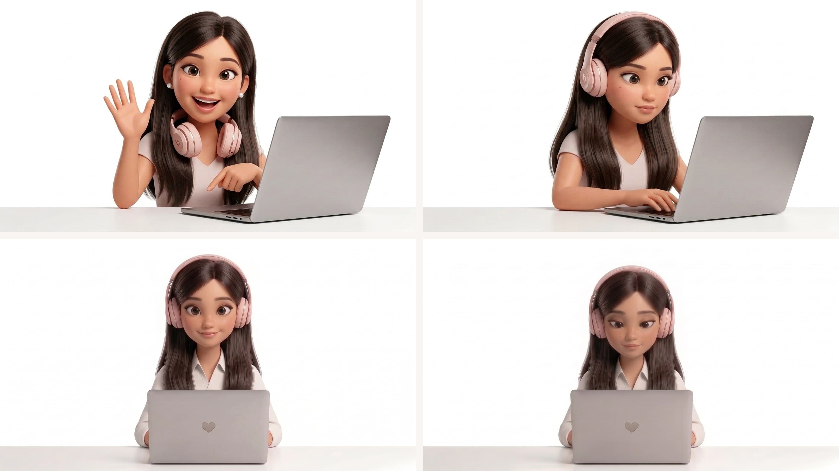Four renders in order: waving with headphones on her neck, typing with headphones on, the same without the logo, and the final still looking at the camera