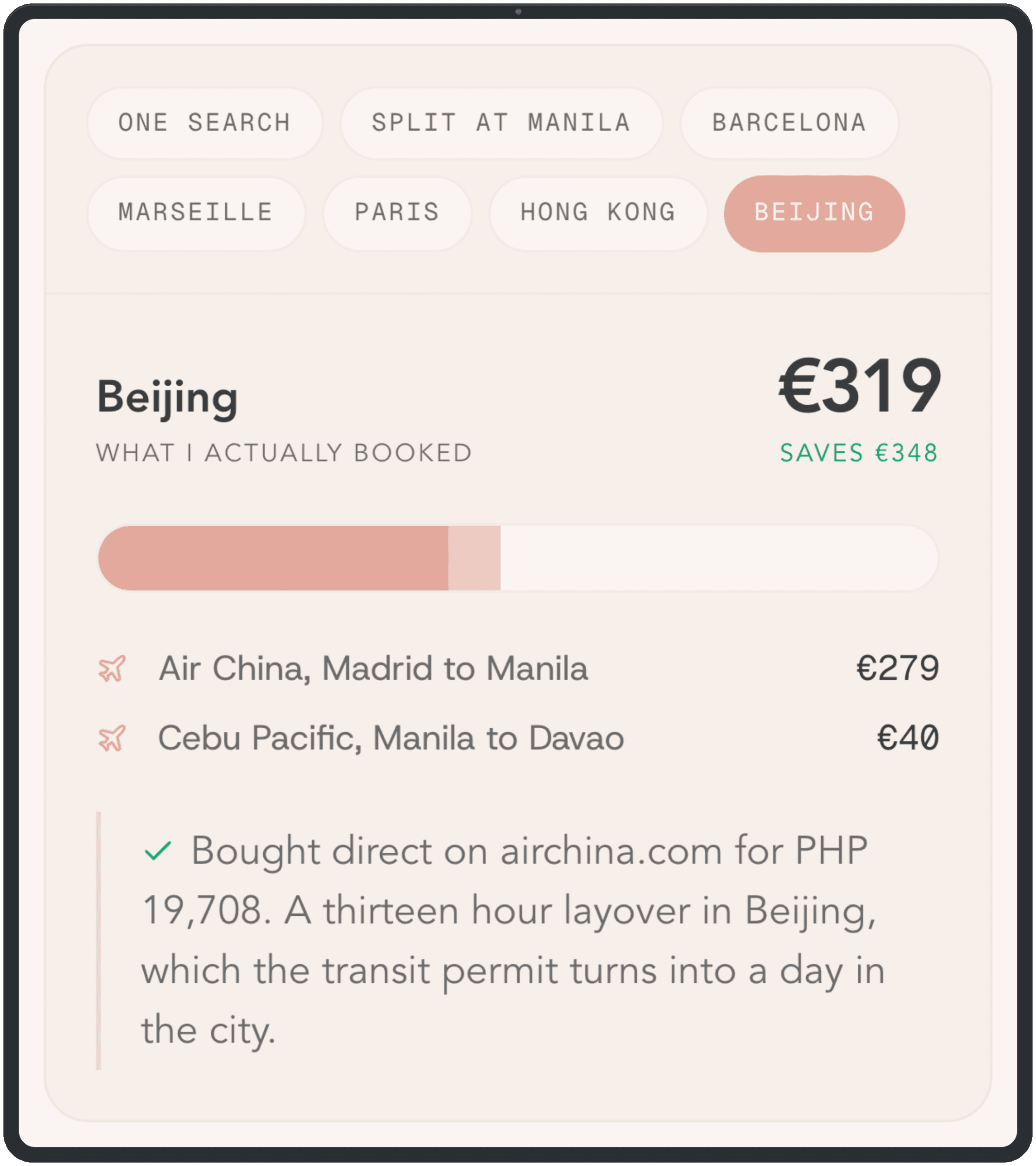 The booked routing: Air China Madrid to Manila for 279 euros plus the 40 euro Cebu Pacific hop to Davao