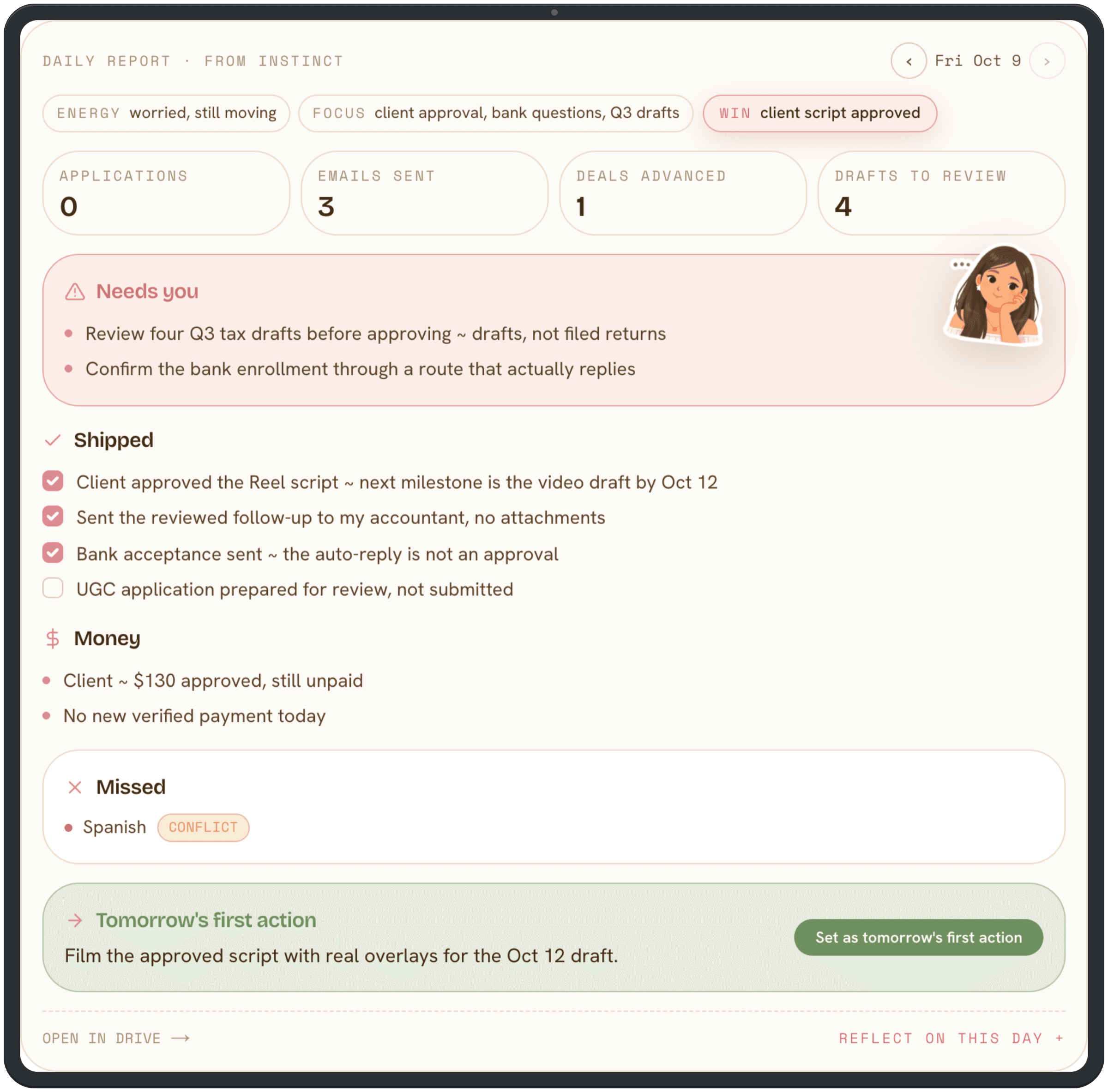 Close-up of the daily report panel: chips for energy, focus and win, KPI tiles, a pink Needs you box, Shipped with checkboxes, Money, Missed with a conflict pill, and Tomorrow's first action