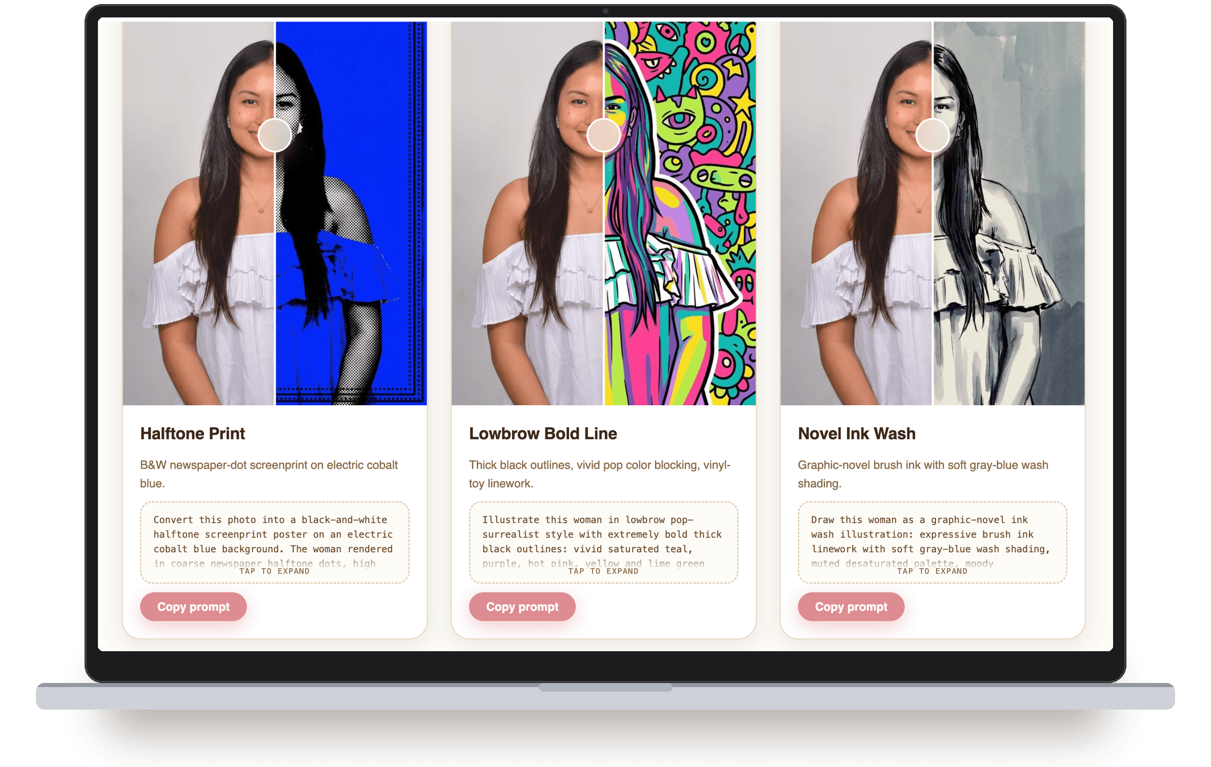 Filtr's filter directory open on a laptop ~ each card shows the photo before and after